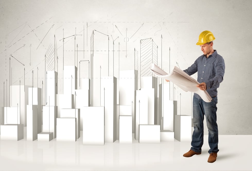 Construction worker planing with 3d buildings in background concept